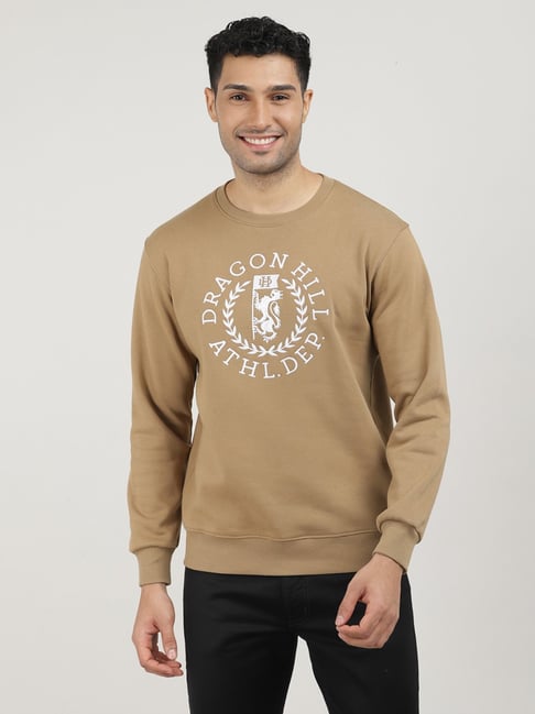 Dragon Hill Khaki Cotton Slim Fit Logo Printed Sweatshirt