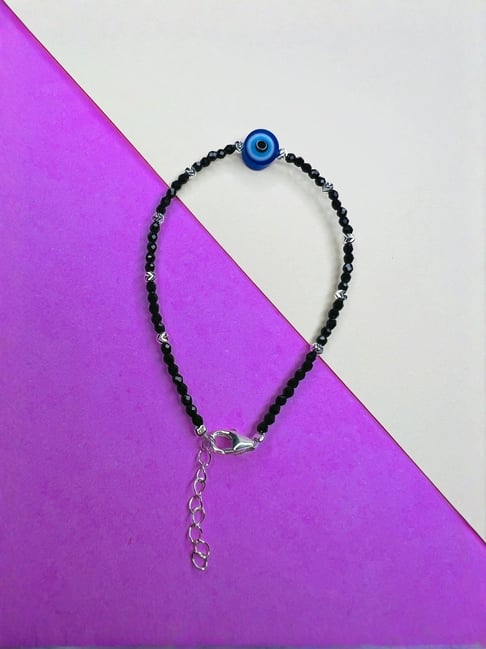 Arte Jewels 925 Sterling Silver Evil Eye With Black Beads Bracelet For Women