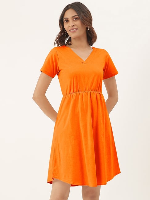 BRINNS Orange Cotton Solid Fit & Flare Dress