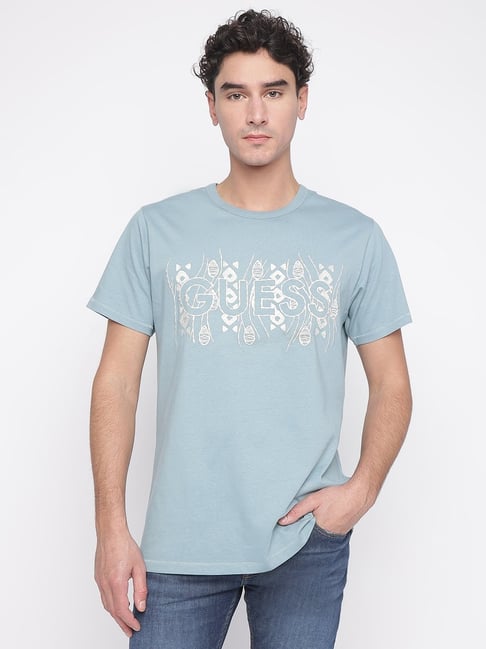 Guess Blue Cotton Regular Fit Embroidery T-Shirt