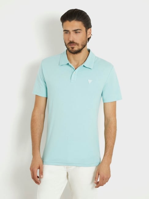 Guess Blue Cotton Slim Fit Solid Polo T-Shirt
