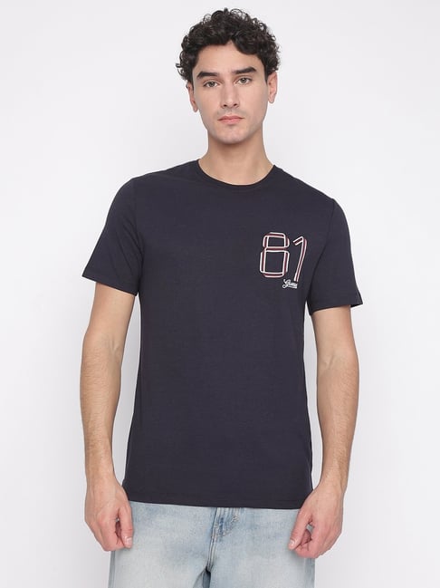 Guess Navy Blue Cotton Slim Fit Solid T-Shirt