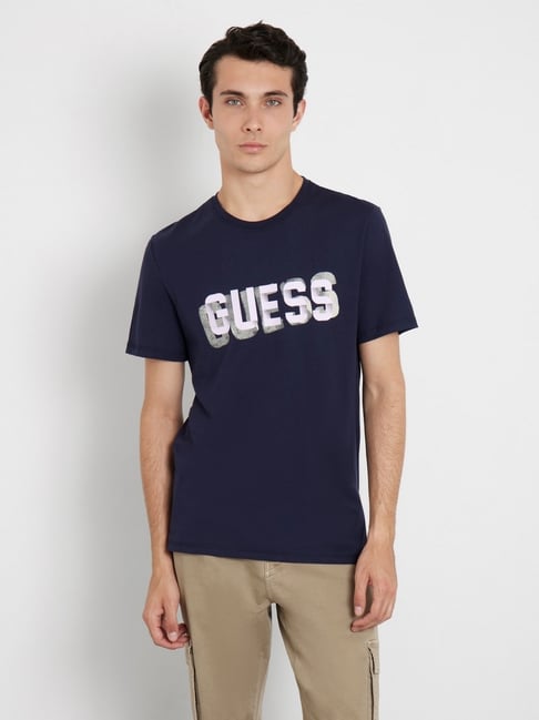 Guess Blue Cotton Slim Fit Printed T-Shirt