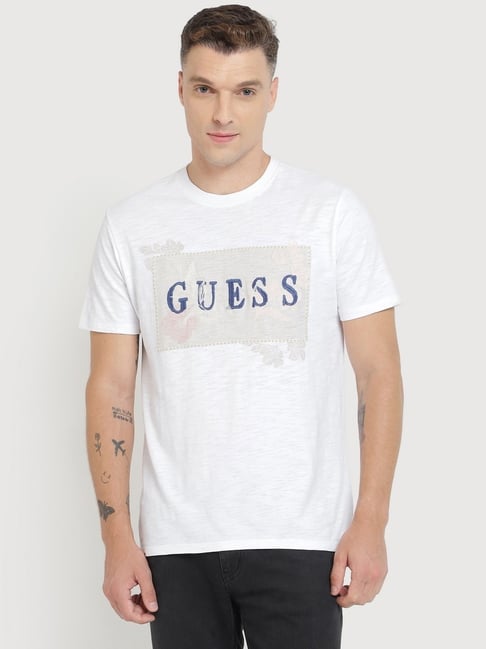 Guess White Cotton Regular Fit Printed T-Shirt