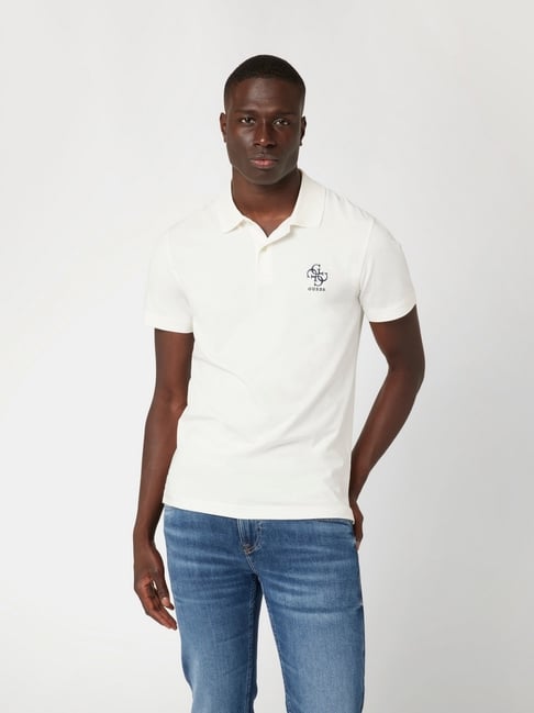 Guess White Cotton Slim Fit Solid Polo T-Shirt