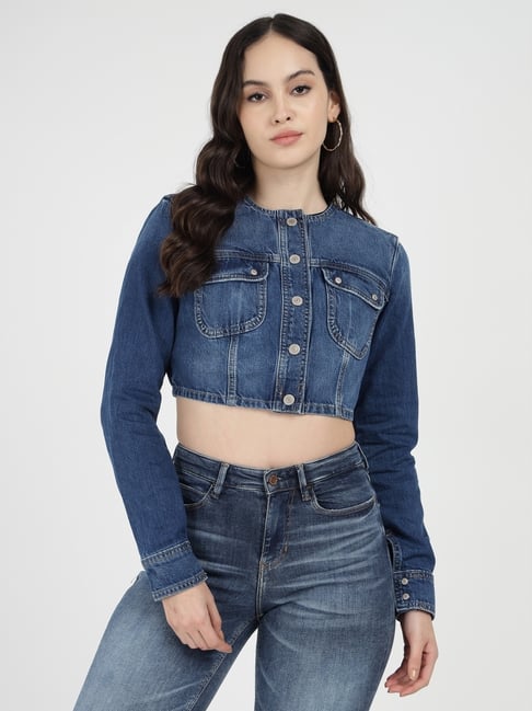 Guess Blue Cotton Embellished Jacket-picture-12