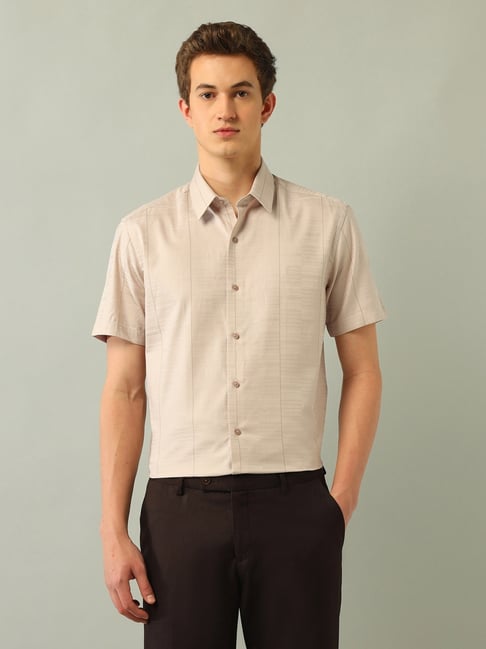 arrow new york brown cotton slim fit striped shirt