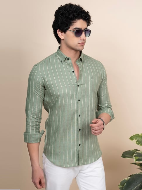 ALMATY Green Slim Fit Stripes Shirt-image-31