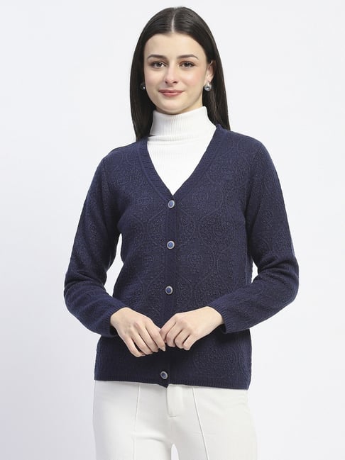 Madame Navy Regular Fit Self Pattern Cardigan-picture-20