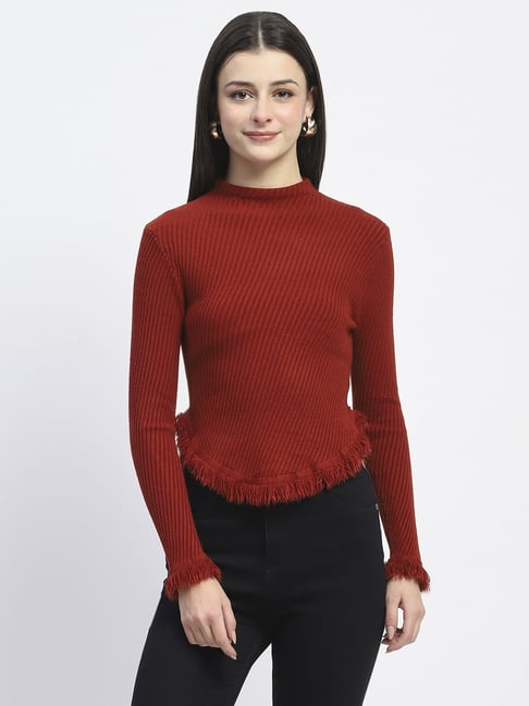 Madame Red Regular Fit Self Pattern Sweater-picture-33