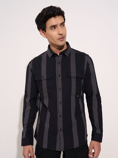 Sf Jeans By Pantaloons Jet Black Cotton Slim Fit Striped Shirt-picture-32