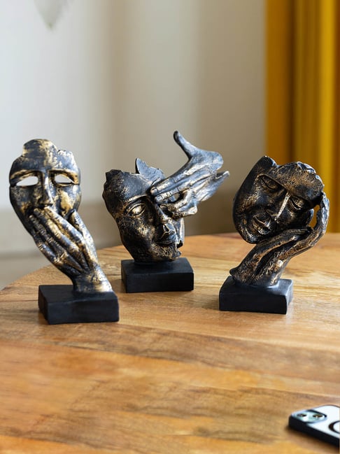 ExclusiveLane Black & Gold Resin Human Wisdom Face Modern Decorative Showpiece Sculpture - Set of 3