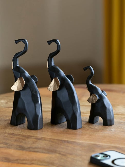 ExclusiveLane Black & Gold Resin Geometric Elephant Decorative Showpiece Statue - Set of 3