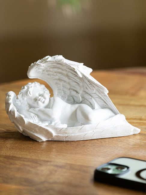 ExclusiveLane White Resin Sleeping Angel Modern Decorative Showpiece Statue