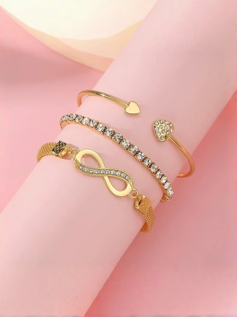 Aatmana Set Of 3 Gold Plated CZ Studded Infinity & Heart Shaped Stacking Bracelet