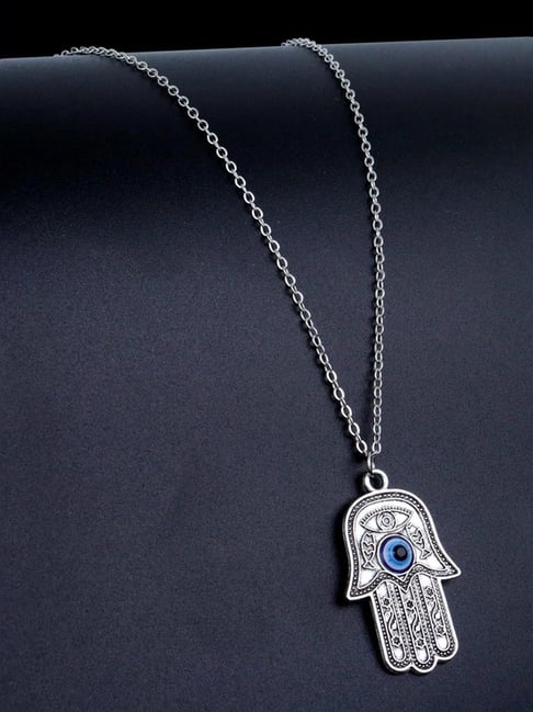 Aatmana Silver Plated Hamza Eveil Eye Pendant Chain Necklace-picture-35