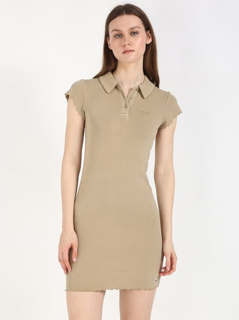 TOMMY HILFIGER Khaki Cotton Solid Short Sleeve Mini Dress
