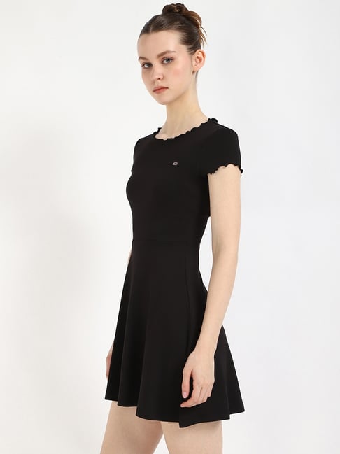 TOMMY HILFIGER Black Cotton Solid Short Sleeve Mini Dress