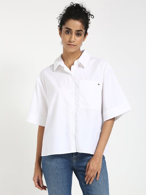 TOMMY HILFIGER White Cotton Solid Short Sleeve Shirt