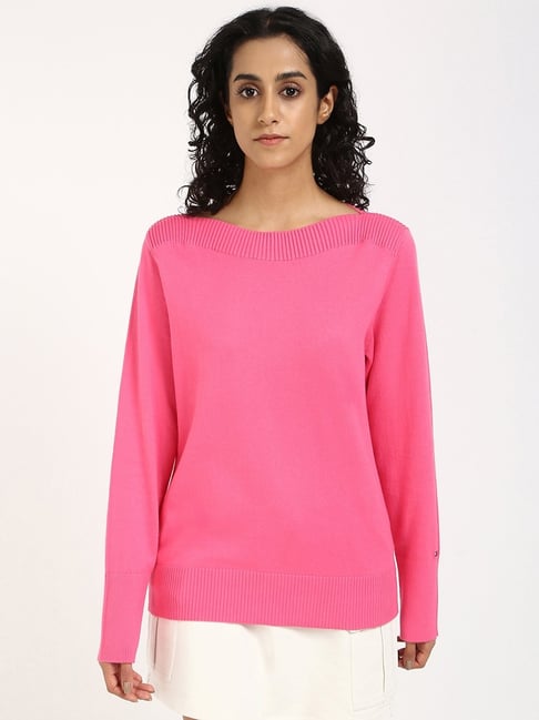TOMMY HILFIGER Pink Cotton Solid Full Sleeves Sweater-picture-10