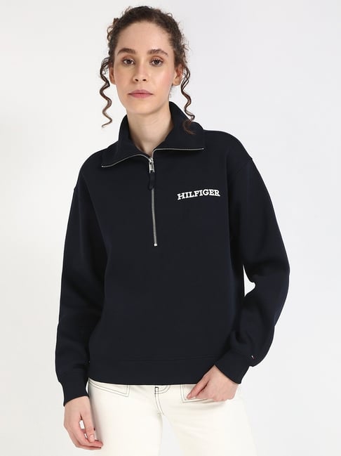 TOMMY HILFIGER Navy Cotton Solid Full Sleeves Sweatshirt