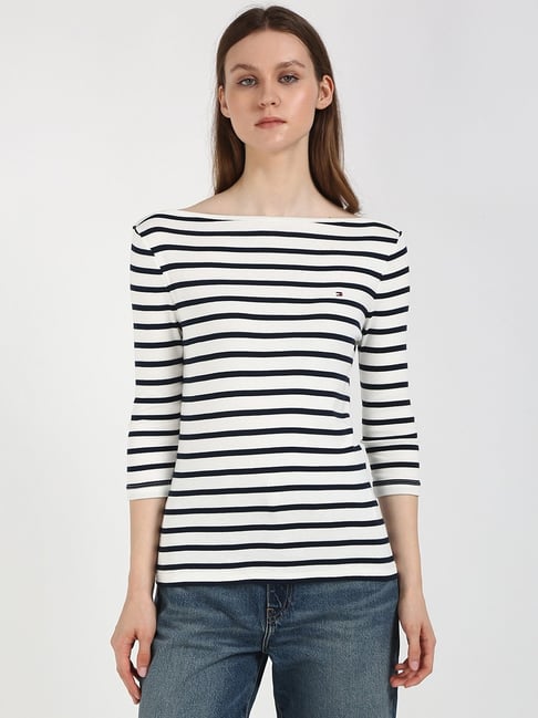 TOMMY HILFIGER White Cotton Stripes 3/4Th Sleeve T-Shirt