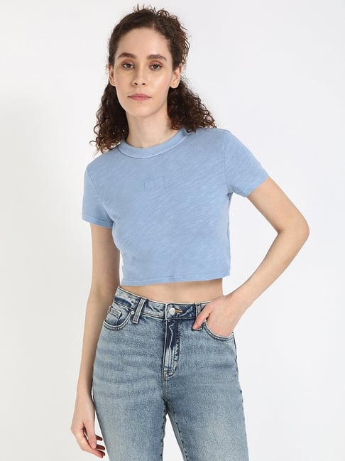 TOMMY HILFIGER Blue Cotton Solid Short Sleeve T-Shirt