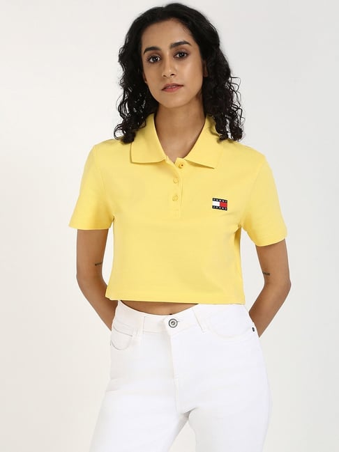 TOMMY HILFIGER Yellow Cotton Solid Short Sleeve Polo T-Shirt