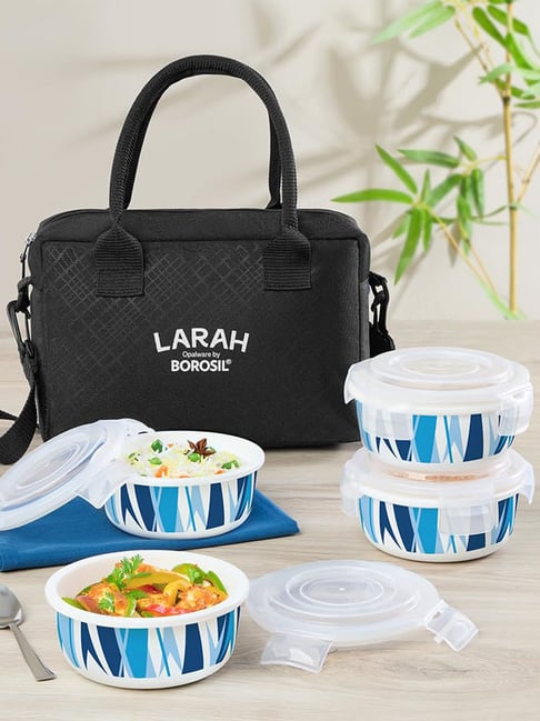 Larah by Borosil Black Opalware Geo Blue Container Set
