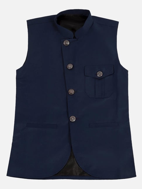 Fourfolds Kids Navy Blue Regular Fit Waistcoat-picture-23