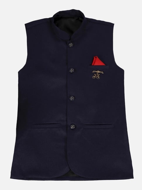Fourfolds Kids Navy Blue Regular Fit Waistcoat-picture-35