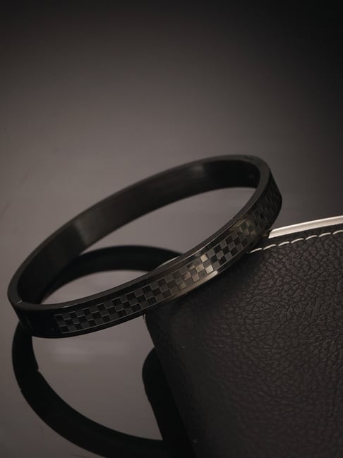 Aatmana Black Brass Stainless Steel Checked Kada Bracelet-picture-20