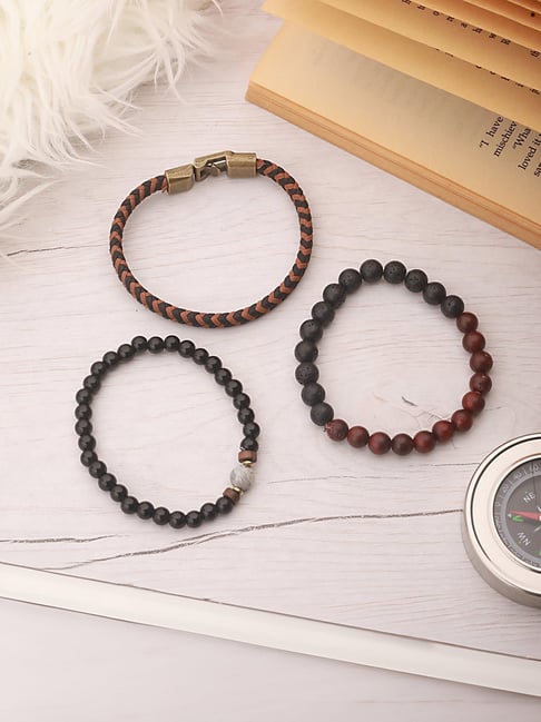 Aatmana Black Brass Set of 3 Beaded Elasticated Bracelet-picture-47