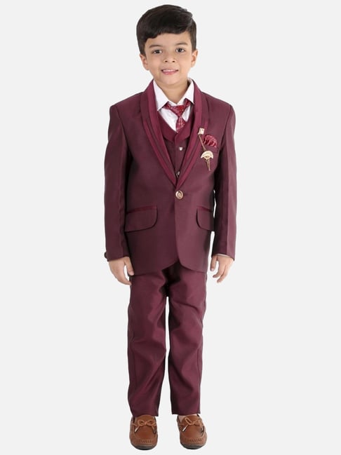 Fourfolds Kids Maroon Regular Fit Coat, Waistcoat, Shirt, Trouser & Tie-picture-32