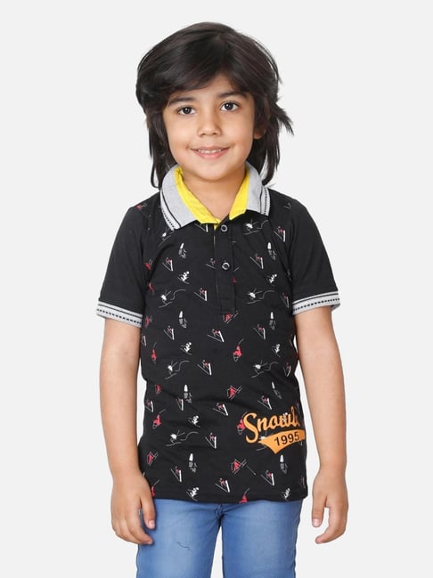 Fourfolds Kids Black Printed Regular Fit Polo T-Shirt