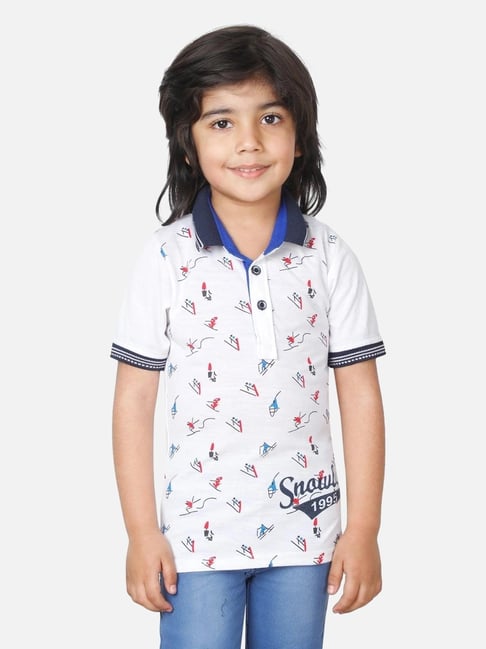 Fourfolds Kids White Printed Regular Fit Polo T-Shirt-picture-35