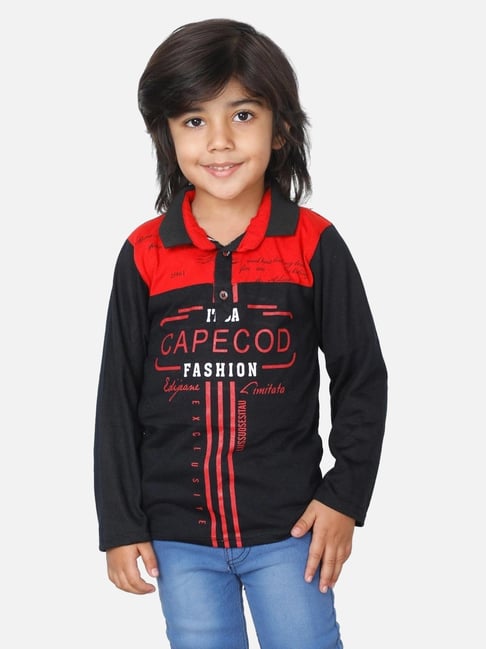 Fourfolds Kids Black Printed Regular Fit Polo T-Shirt-picture-38