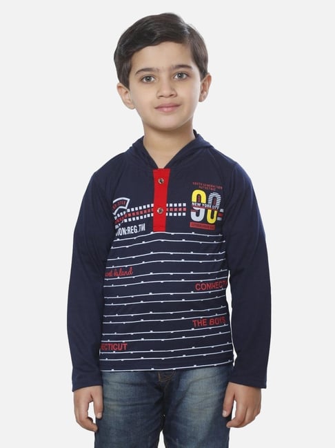 Fourfolds Kids Navy Blue Printed Regular Fit T-Shirt