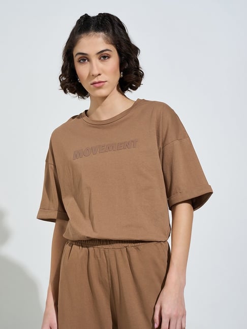 Ajile By Pantaloons Brown Cotton Comfort Fit Logo Printed Top-picture-40