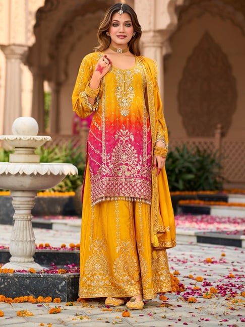 Autumnlane Yellow Viscose Comfort Fit Embroidered Kurta Set