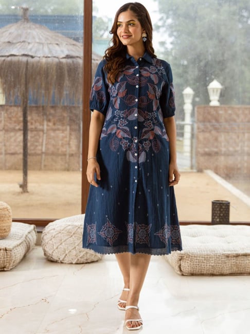 Autumnlane Navy Blue Cotton Comfort Fit Embroidery Dress