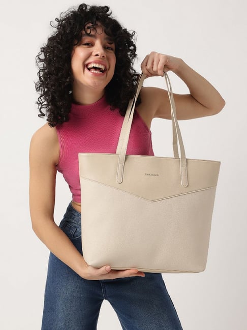 Fastrack CL7 Beige Solid Large Laptop Tote Handbag