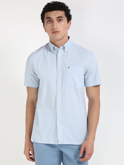 TOMMY HILFIGER Blue Cotton Regular fit Solid Shirt