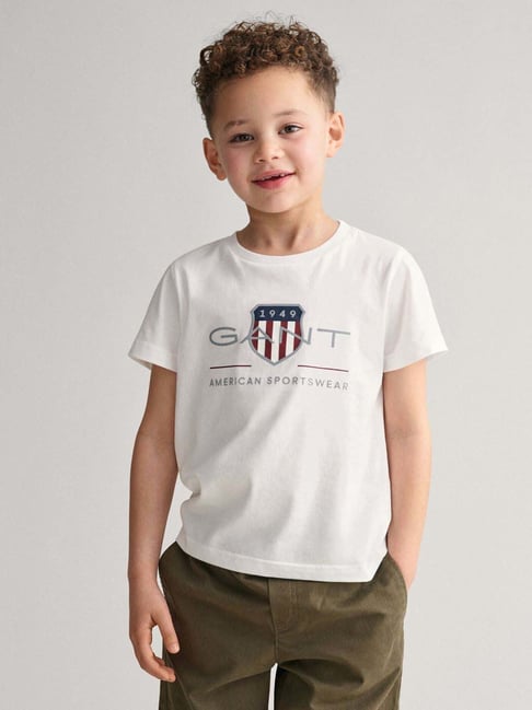 GANT Boys Brand Logo Archieve Shield Printed White Round Neck Cotton T-shirt