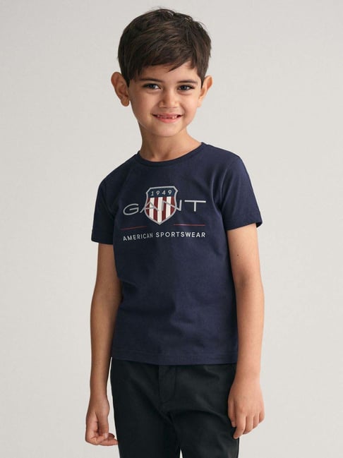 GANT Boys Brand Logo Archieve Shield Printed Blue Round Neck Cotton T-shirt