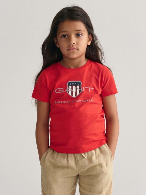 GANT Unisex Kids Brand Logo Archieve Shield Printed Red Round Neck Cotton  T-shirt