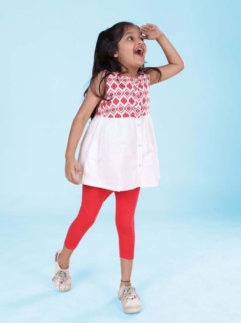 Kiddopanti Kids Red White Printed Regular Fit Dress Leggings