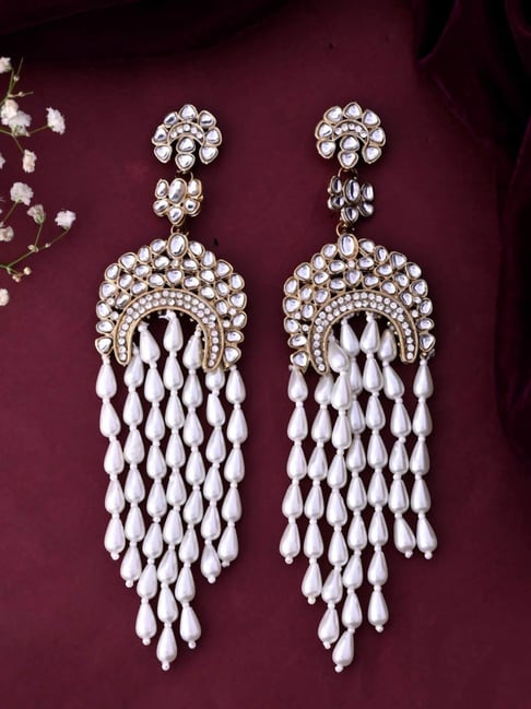 VOJ Kundan Studded White Pearl Long Drop Earrings