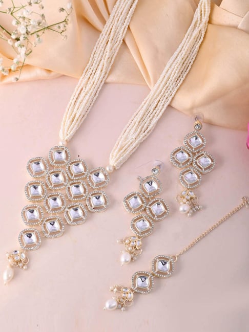 VOJ Gold Plated Stone With White Beaded Long Necklace With Earrings And Maang Tikka Set-picture-11