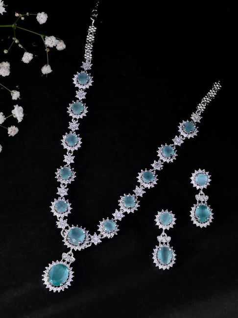 VOJ Silver Plated Sea Green AD Studded Designer Jewellery Necklace With Earrings Set-image-16